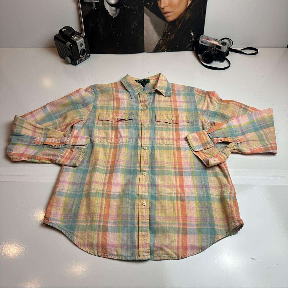 Ralph Lauren Linen Cotton Pastel Plaid Button-Down Shirt | Quiet Luxury | S